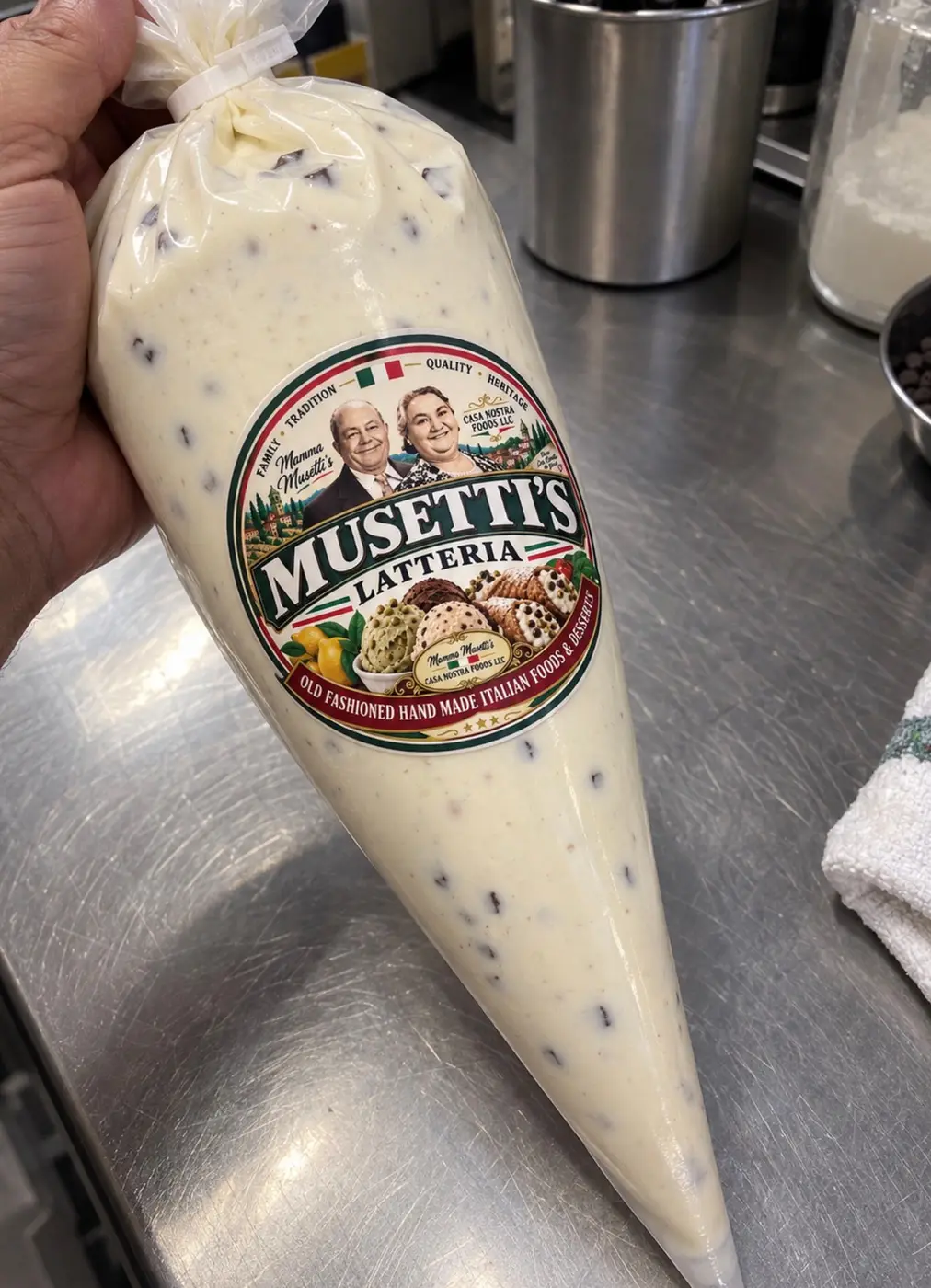 A piping bag of Musetti’s Sicilian cannoli cream